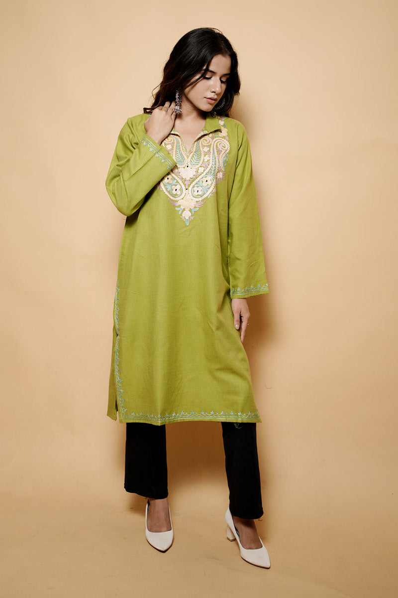 Green Colour Aari Work Woolen Kashmiri Kurti CraftKashmir