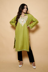 Green Colour Aari Work Woolen Kashmiri Kurti CraftKashmir