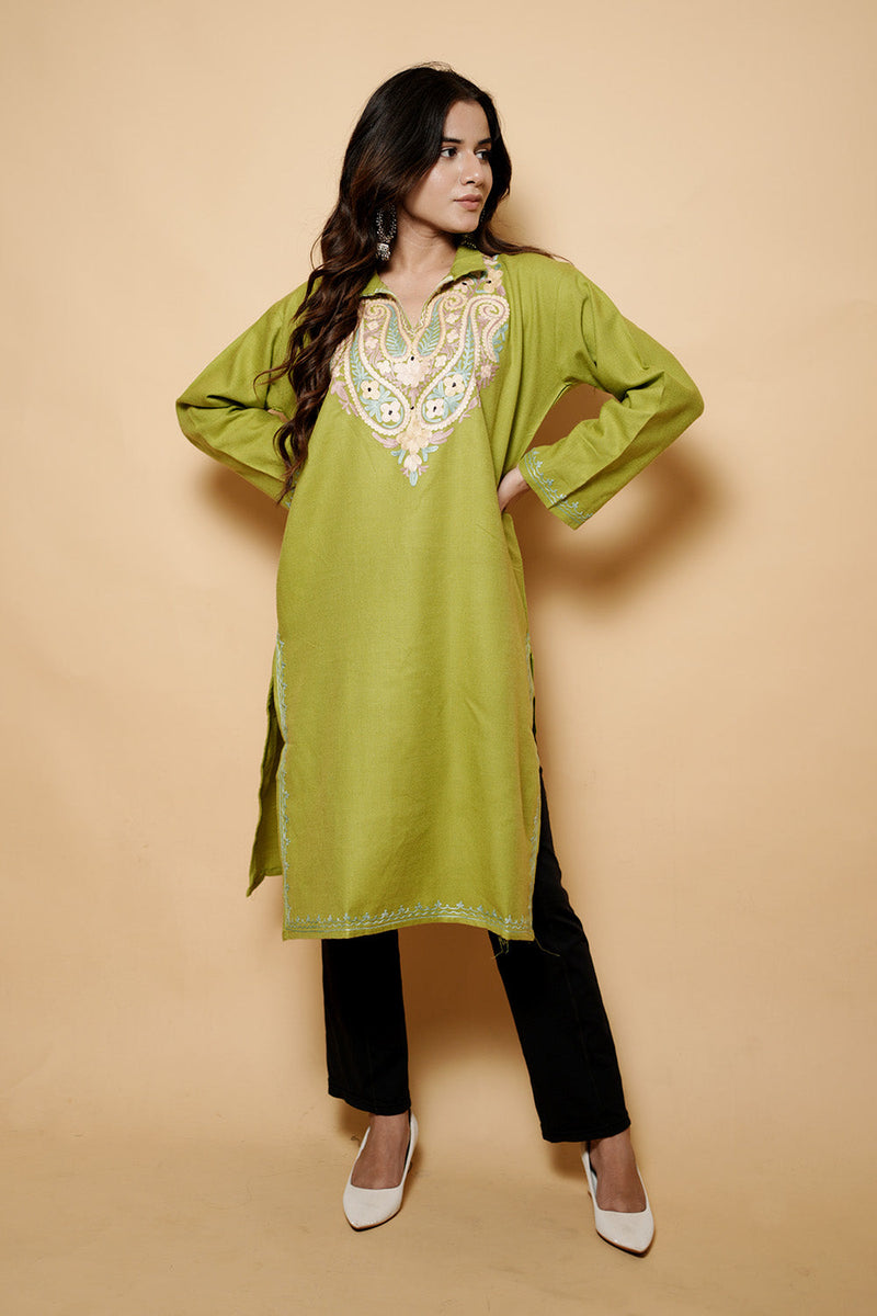 Green Colour Aari Work Woolen Kashmiri Kurti CraftKashmir