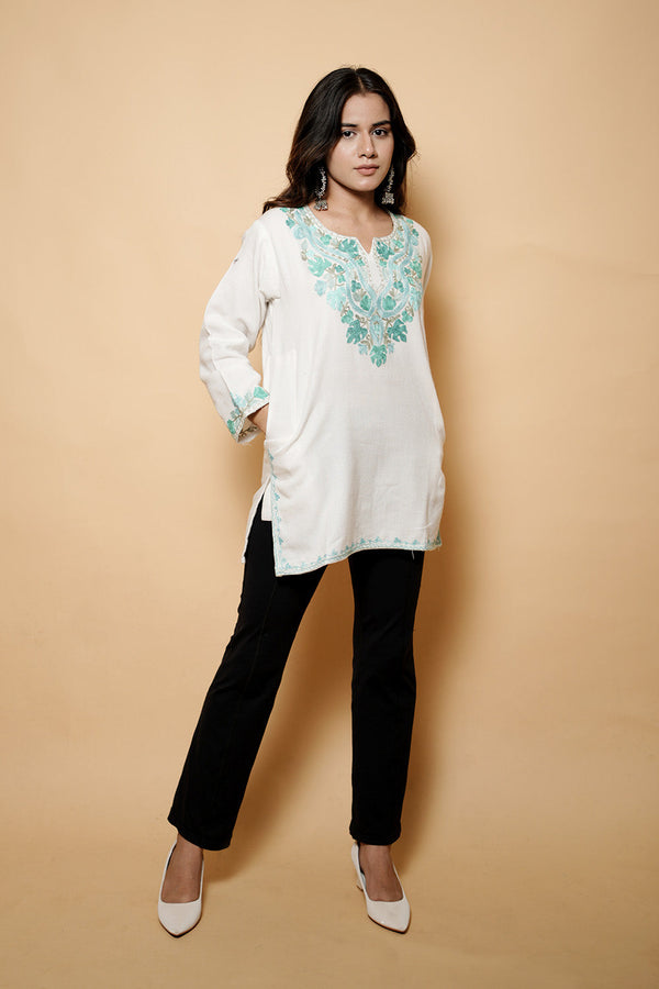 White Colour Aari Work Woolen Kashmiri Kurti CraftKashmir
