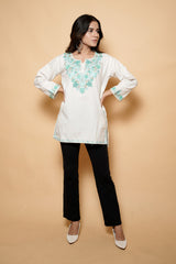 White Colour Aari Work Woolen Kashmiri Kurti CraftKashmir