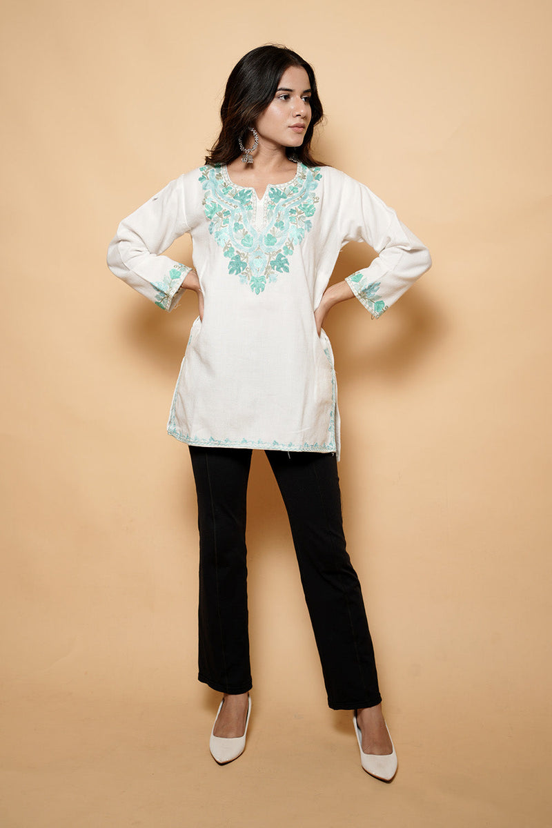 White Colour Aari Work Woolen Kashmiri Kurti CraftKashmir