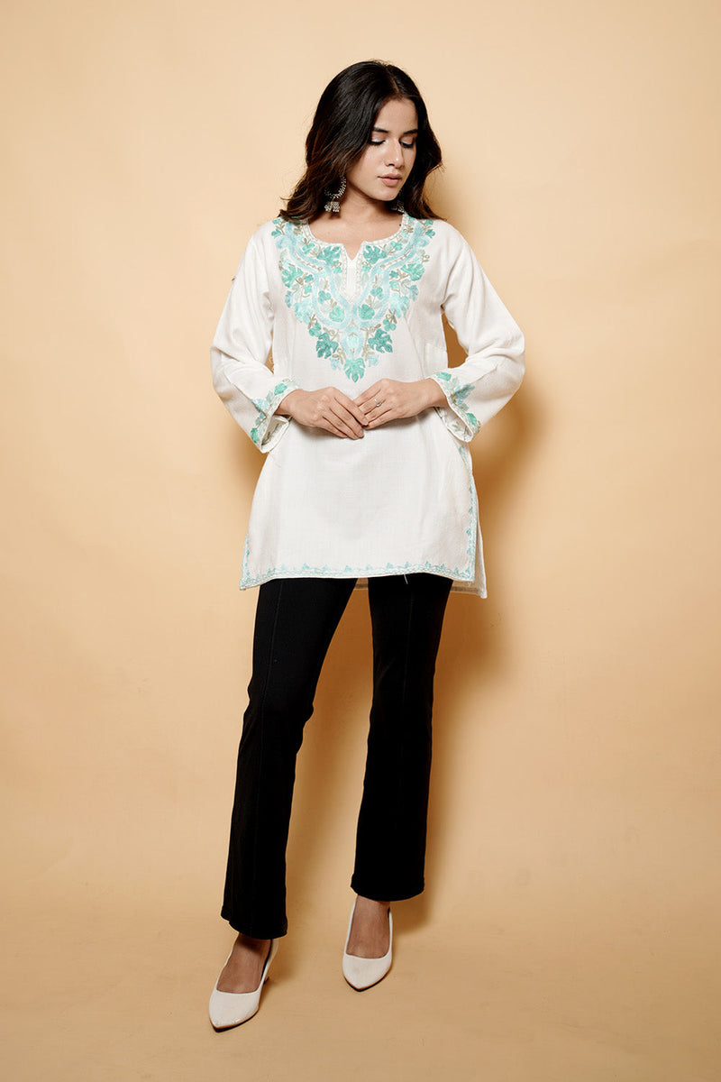 White Colour Aari Work Woolen Kashmiri Kurti CraftKashmir