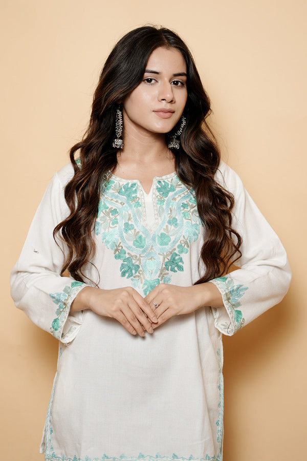 White Colour Aari Work Woolen Kashmiri Kurti CraftKashmir