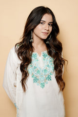 White Colour Aari Work Woolen Kashmiri Kurti CraftKashmir