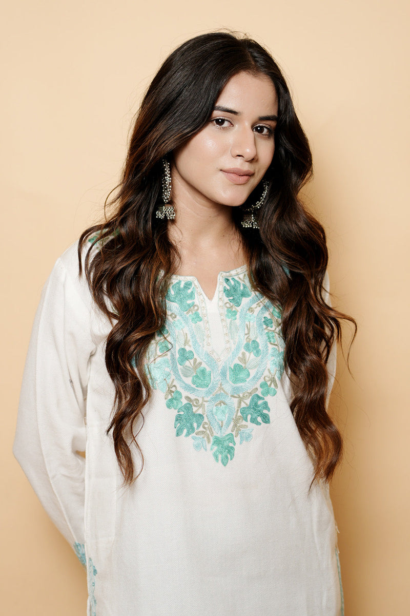 White Colour Aari Work Woolen Kashmiri Kurti CraftKashmir