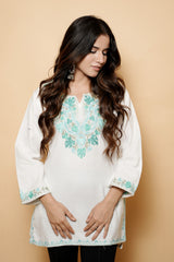 White Colour Aari Work Woolen Kashmiri Kurti CraftKashmir