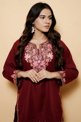 Maroon Colour Aari & Tilla Work Woolen Kashmiri Kurti CraftKashmir