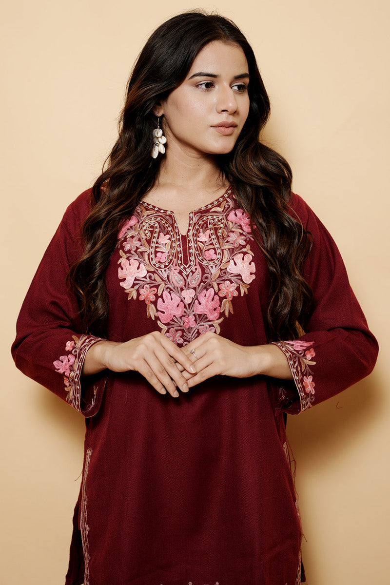 Maroon Colour Aari & Tilla Work Woolen Kashmiri Kurti CraftKashmir