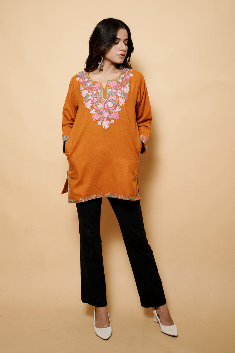 Orange Colour Aari & Tilla Work Woolen Kashmiri Kurti CraftKashmir