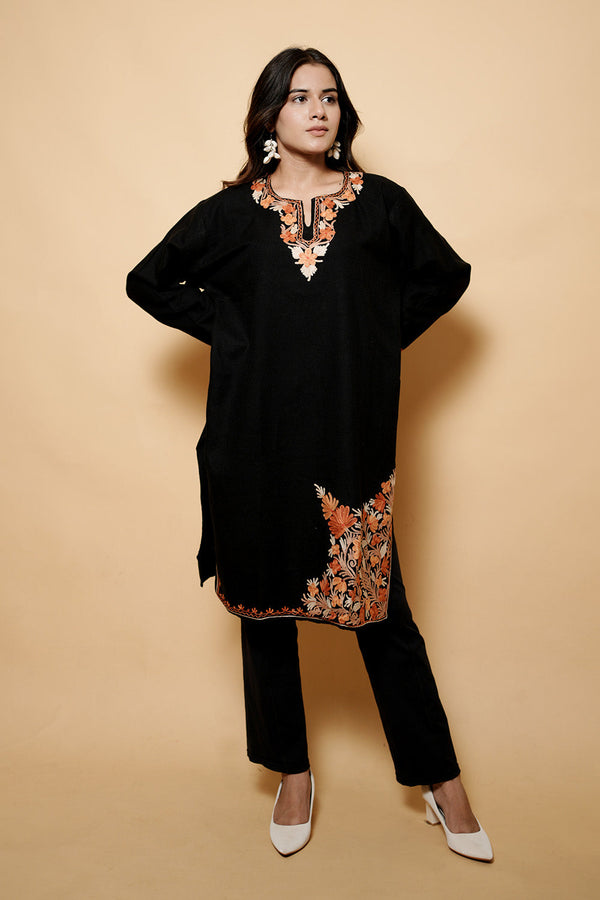Black Colour Aari Work Kashmiri Woolen  Kurti CraftKashmir