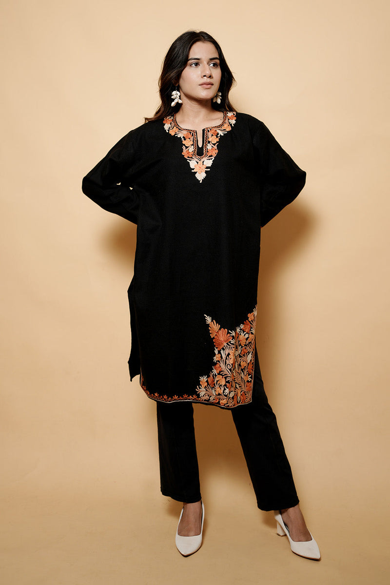 Black Colour Aari Work Kashmiri Woolen  Kurti CraftKashmir