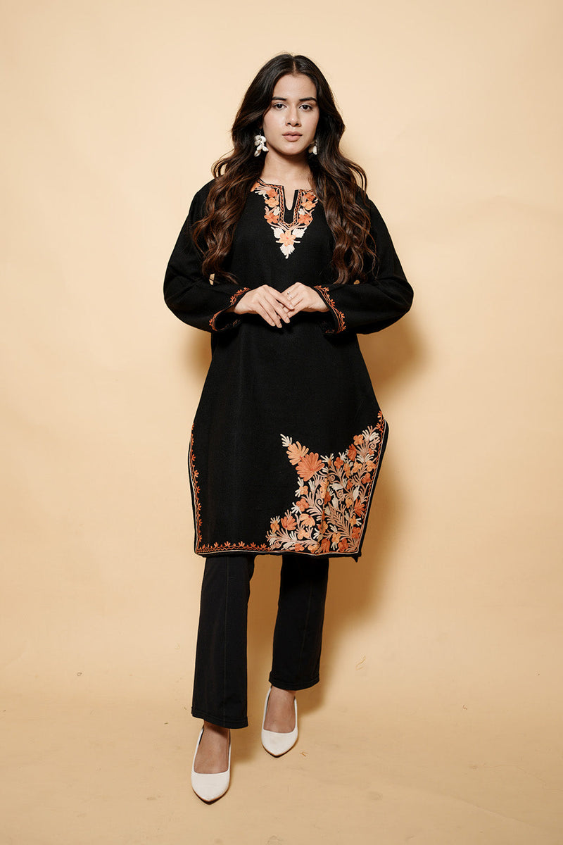 Black Colour Aari Work Kashmiri Woolen  Kurti CraftKashmir