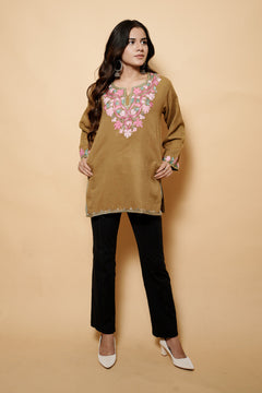 Light Brown Colour Aari & Tilla Work Woolen Kashmiri Kurti CraftKashmir
