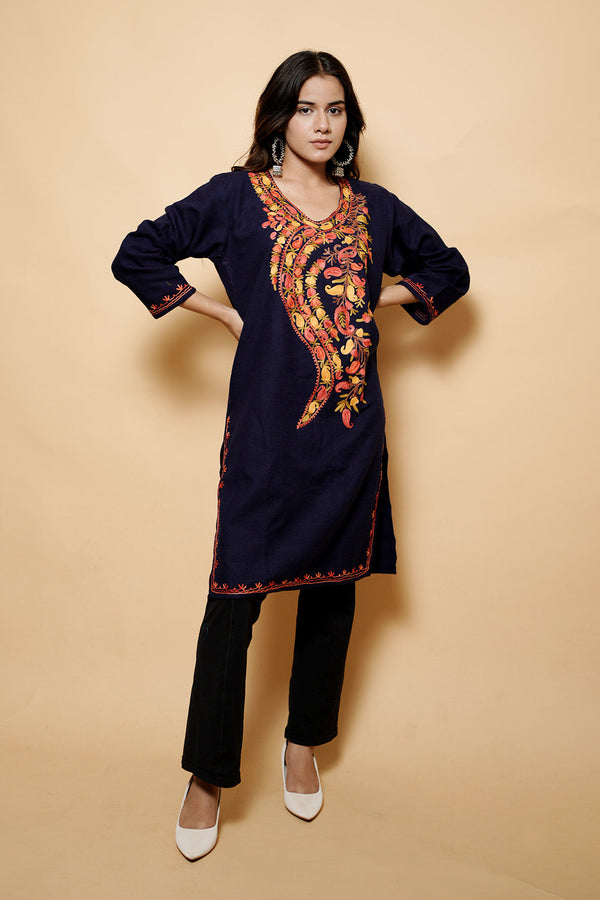 Drak Blue Colour Aari Work Kashmiri Woolen  Kurti CraftKashmir