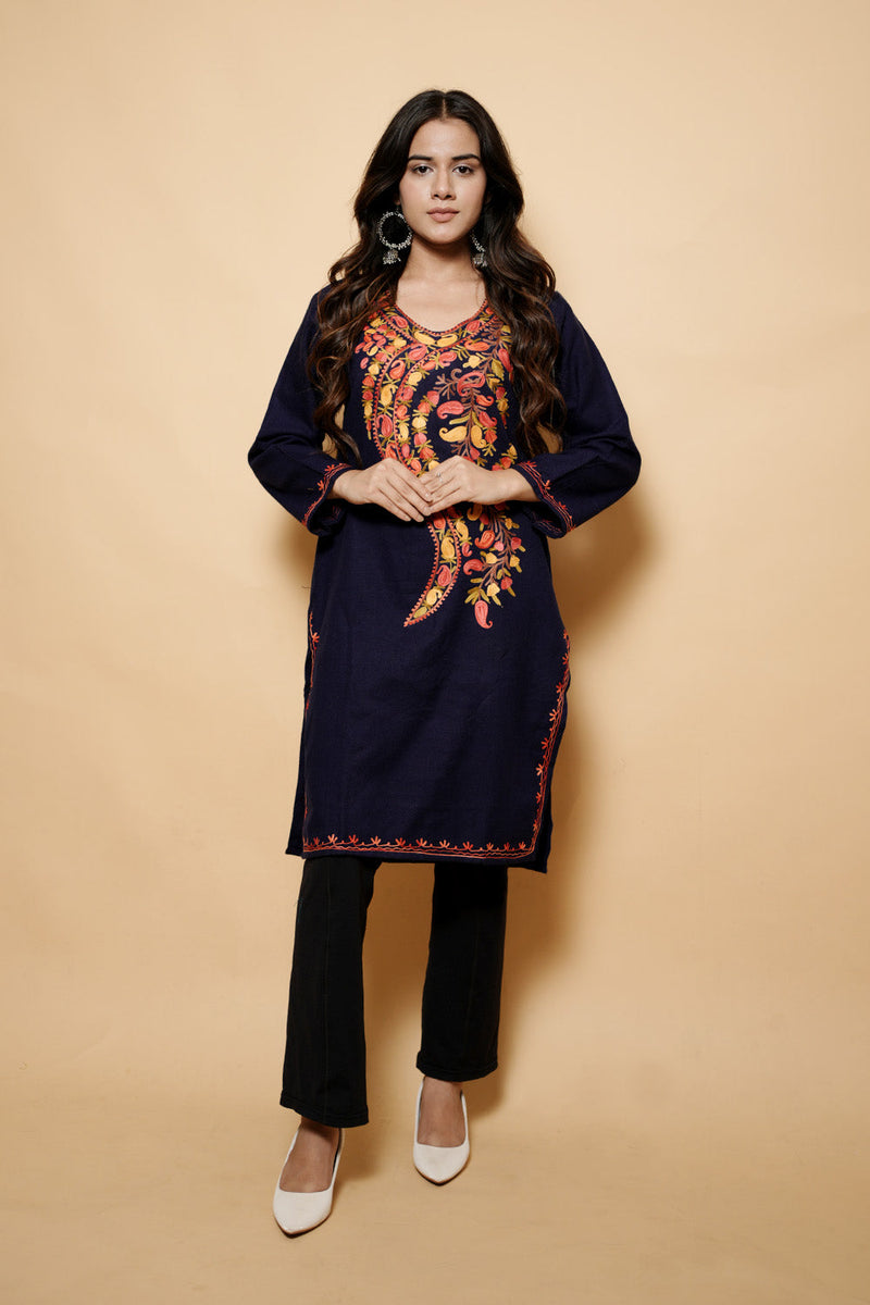 Drak Blue Colour Aari Work Kashmiri Woolen  Kurti CraftKashmir