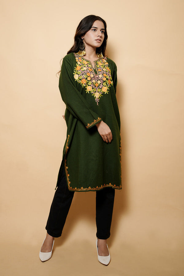 Green Colour Aari Work Kashmiri Woolen  Kurti CraftKashmir