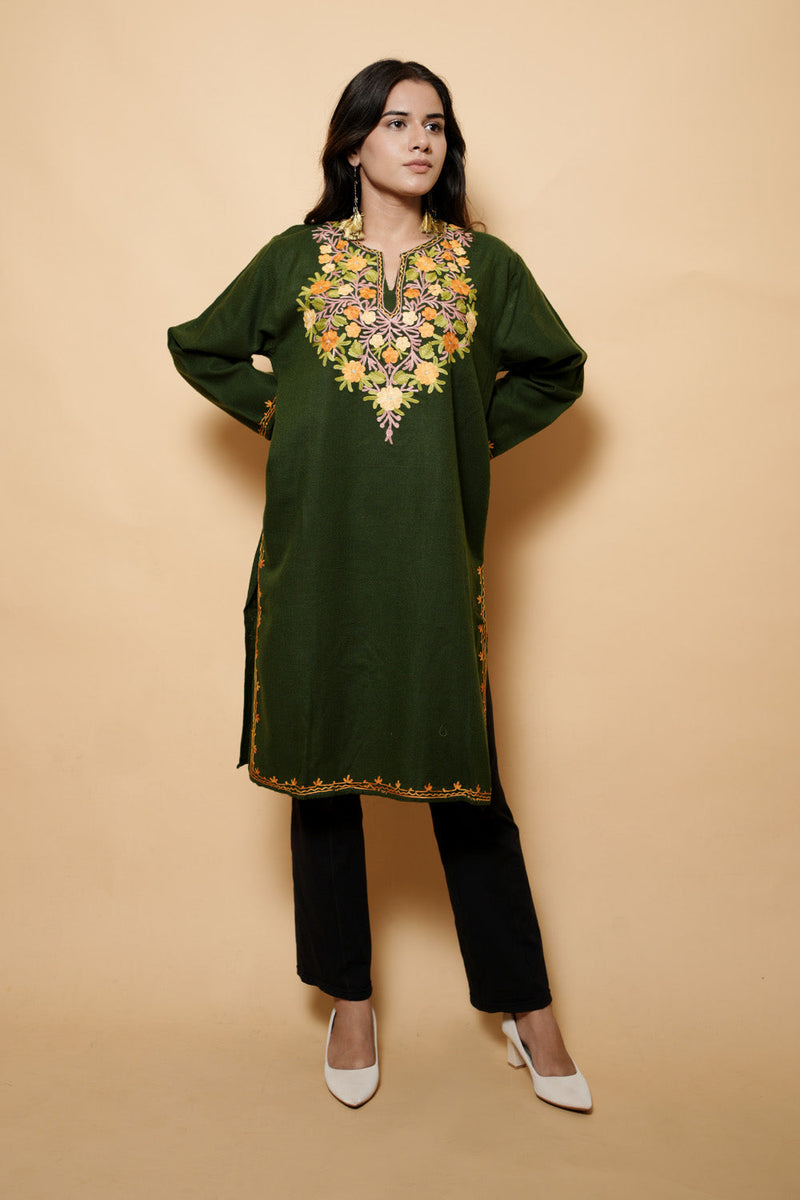 Green Colour Aari Work Kashmiri Woolen  Kurti CraftKashmir