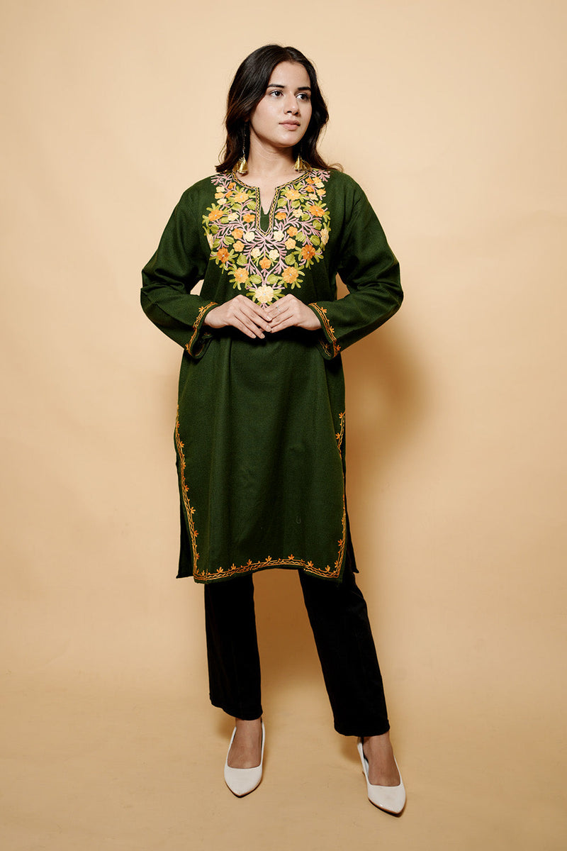 Green Colour Aari Work Kashmiri Woolen  Kurti CraftKashmir