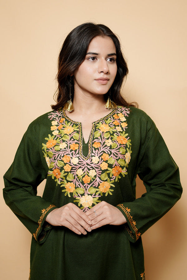 Green Colour Aari Work Kashmiri Woolen  Kurti CraftKashmir