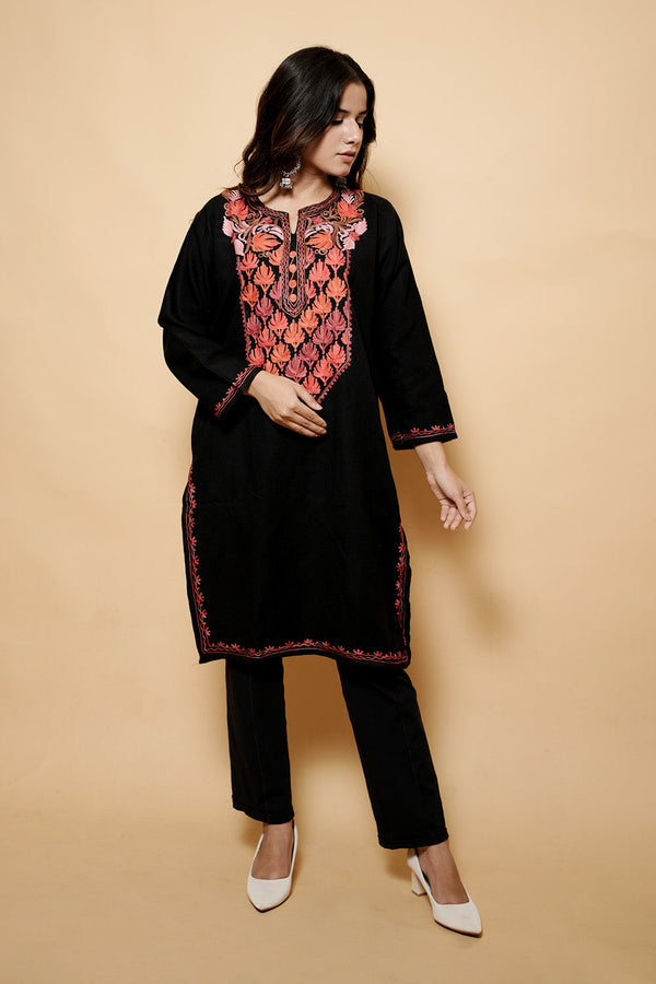 Black Colour Aari Work Kashmiri Woolen  Kurti CraftKashmir