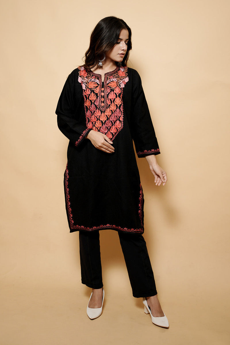 Black Colour Aari Work Kashmiri Woolen  Kurti CraftKashmir