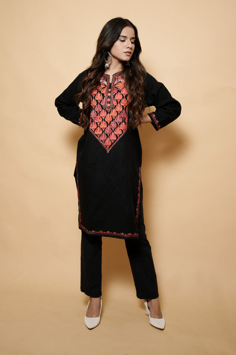 Black Colour Aari Work Kashmiri Woolen  Kurti CraftKashmir