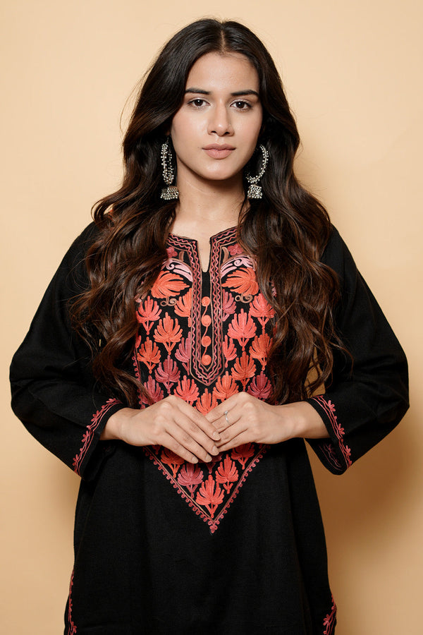 Black Colour Aari Work Kashmiri Woolen  Kurti CraftKashmir
