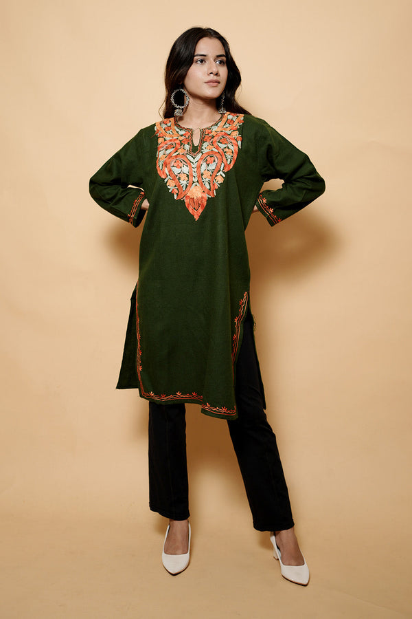 Green Colour Aari Work Kashmiri Woolen  Kurti CraftKashmir