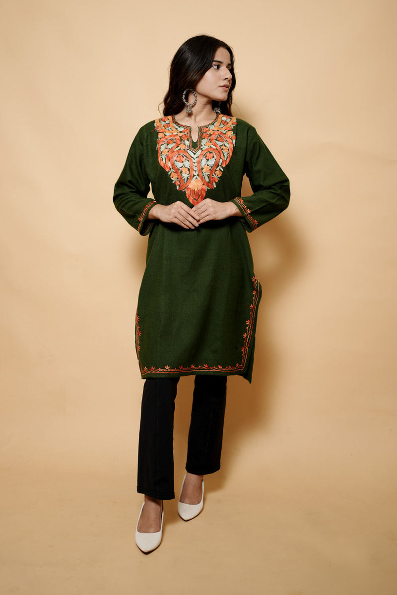 Green Colour Aari Work Kashmiri Woolen  Kurti CraftKashmir