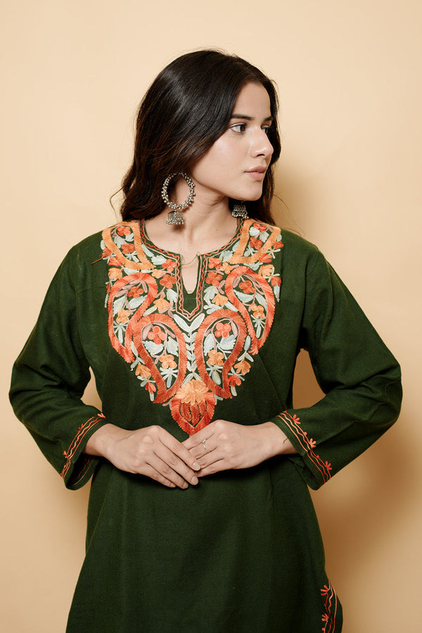 Green Colour Aari Work Kashmiri Woolen  Kurti CraftKashmir