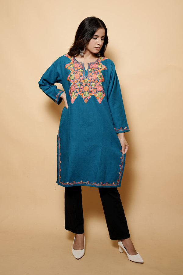 Turquoise Blue Colour Aari Work Kashmiri Woolen  Kurti CraftKashmir