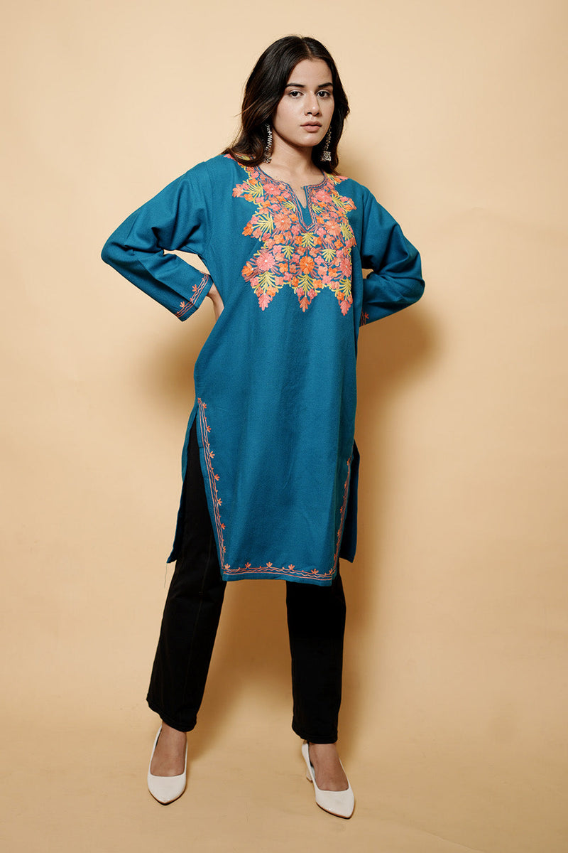 Turquoise Blue Colour Aari Work Kashmiri Woolen  Kurti CraftKashmir