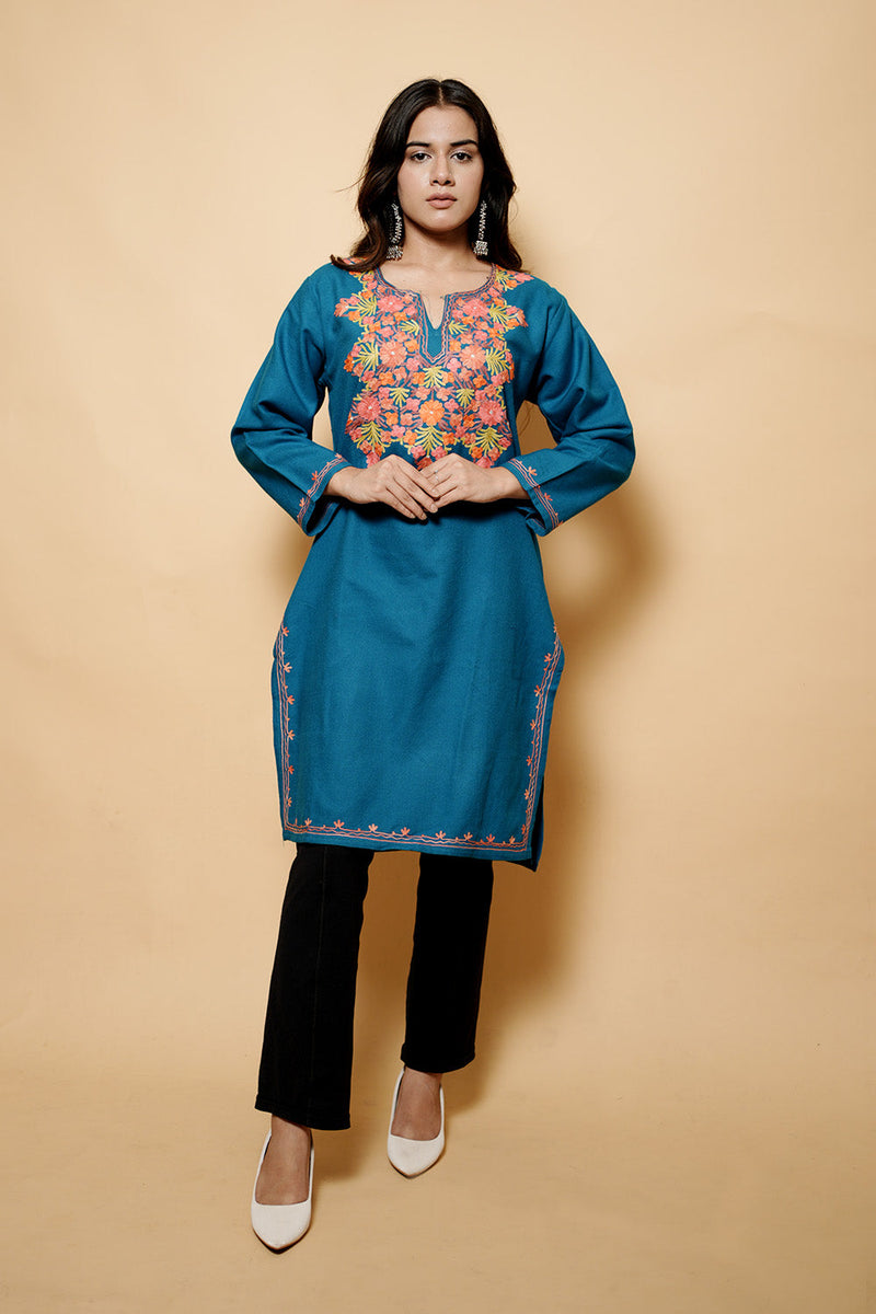 Turquoise Blue Colour Aari Work Kashmiri Woolen  Kurti CraftKashmir