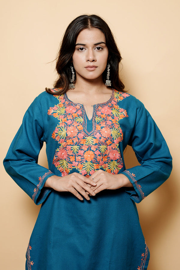 Turquoise Blue Colour Aari Work Kashmiri Woolen  Kurti CraftKashmir