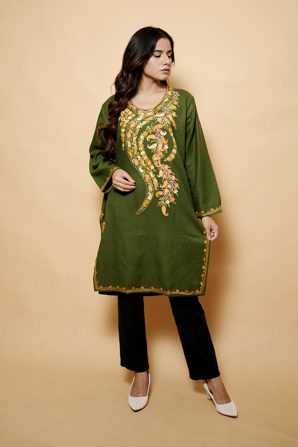 Green Colour Aari Work Kashmiri Woolen  Kurti CraftKashmir