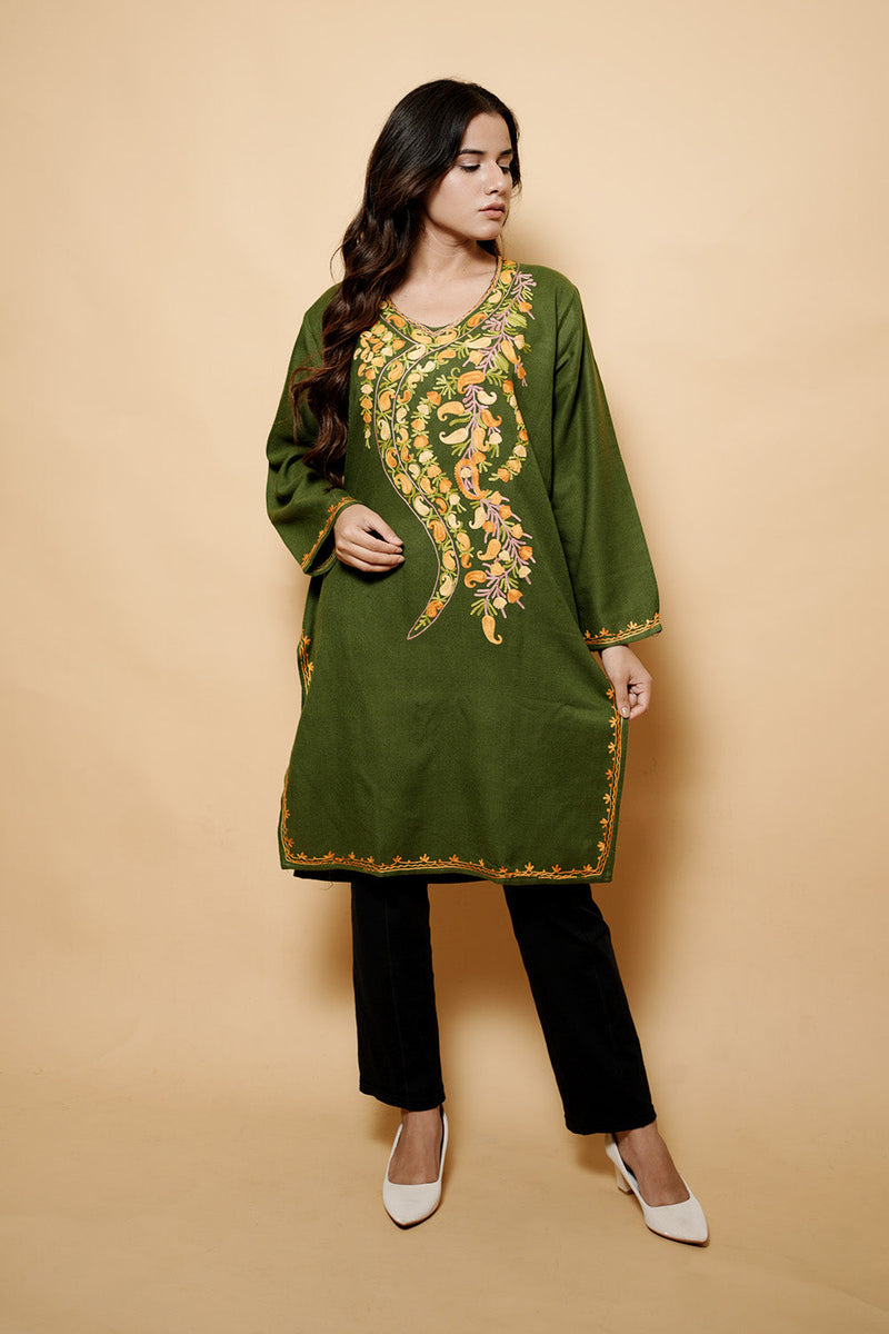 Green Colour Aari Work Kashmiri Woolen  Kurti CraftKashmir