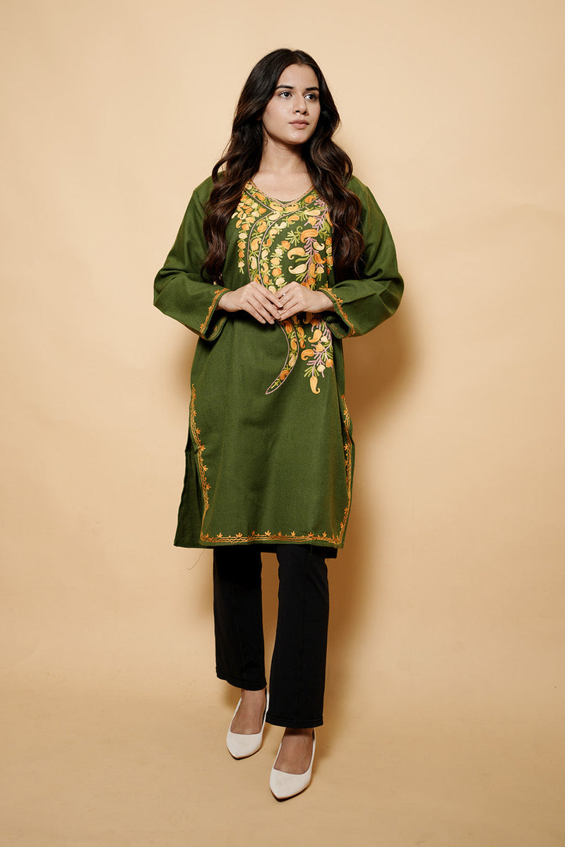 Green Colour Aari Work Kashmiri Woolen  Kurti CraftKashmir