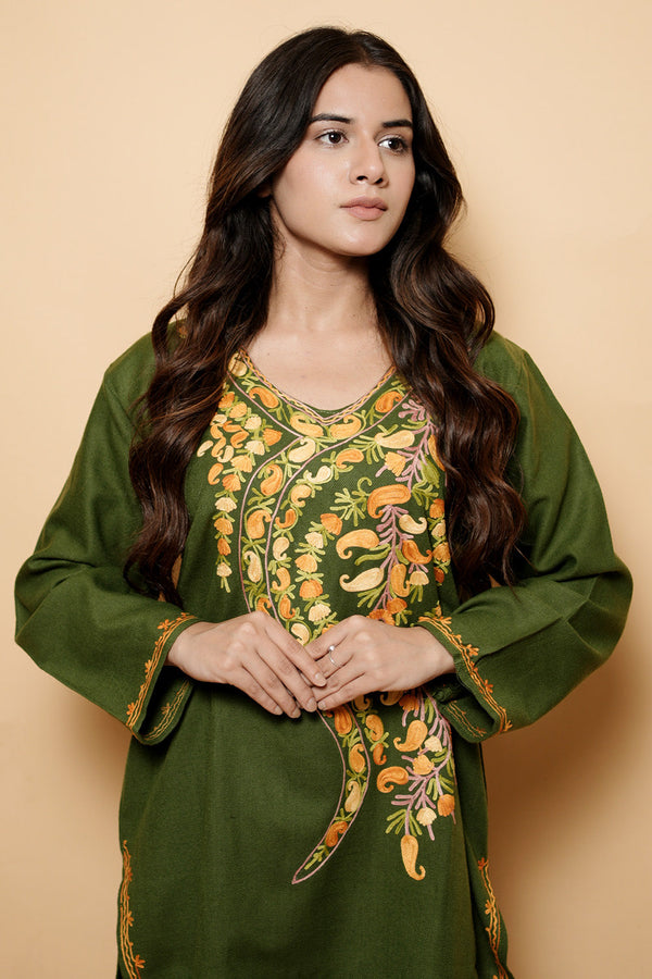 Green Colour Aari Work Kashmiri Woolen  Kurti CraftKashmir
