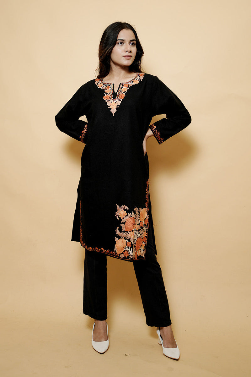 Black Colour Aari Work Woolen Kashmiri Kurti CraftKashmir