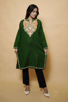Green Colour Aari Work Woolen Kashmiri Kurti CraftKashmir