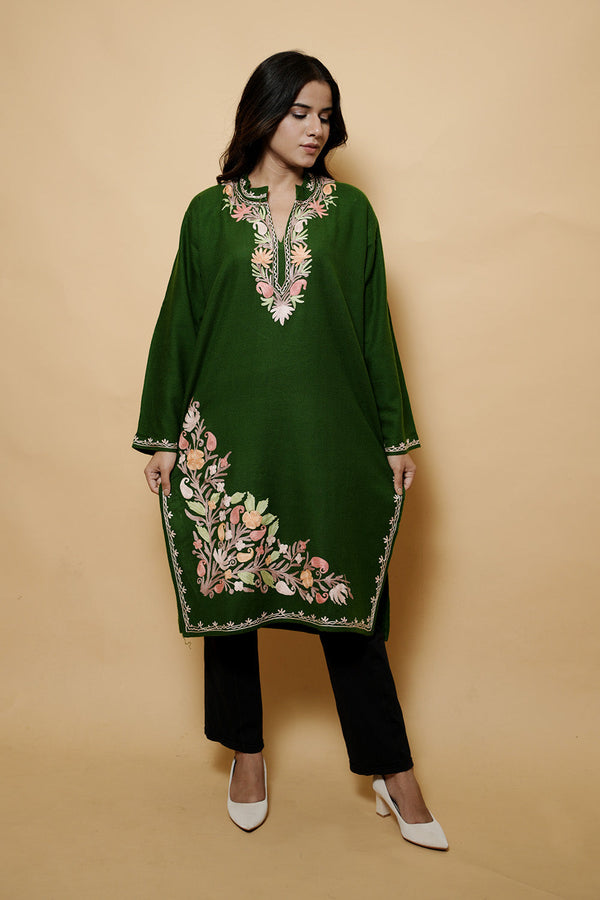Green Colour Aari Work Woolen Kashmiri Kurti CraftKashmir