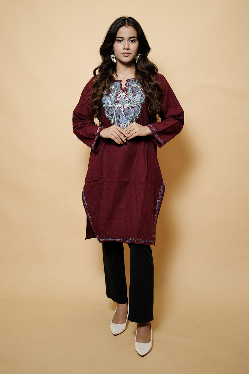 Maroon Colour Aari Work Woolen Kashmiri Kurti CraftKashmir