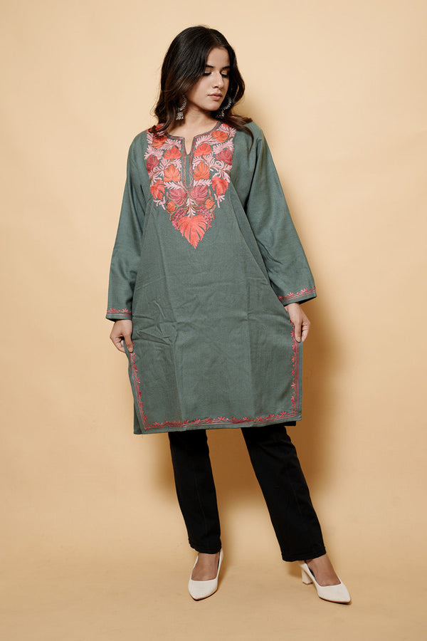 Grey Colour Aari Work Kashmiri Woolen  Kurti CraftKashmir