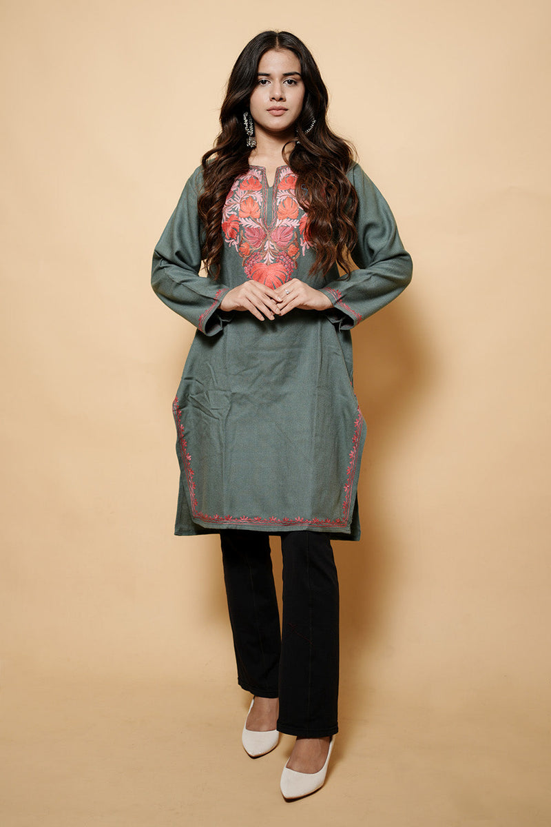 Grey Colour Aari Work Kashmiri Woolen  Kurti CraftKashmir