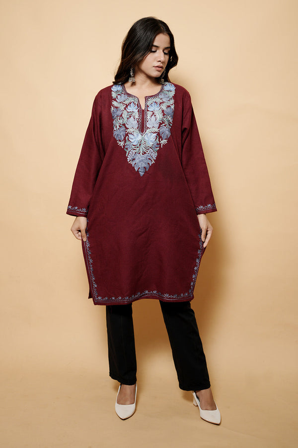 Maroon Colour Aari Work Kashmiri Woolen Kurti CraftKashmir