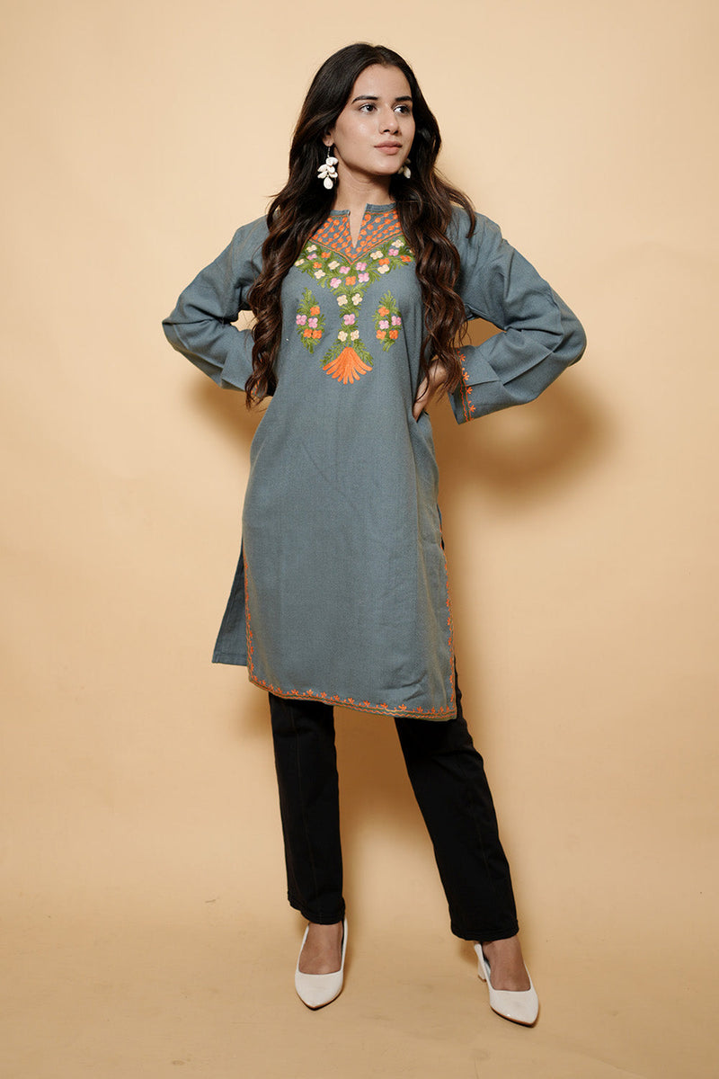Grey Colour Kashmiri Aari Work Kurti CraftKashmir