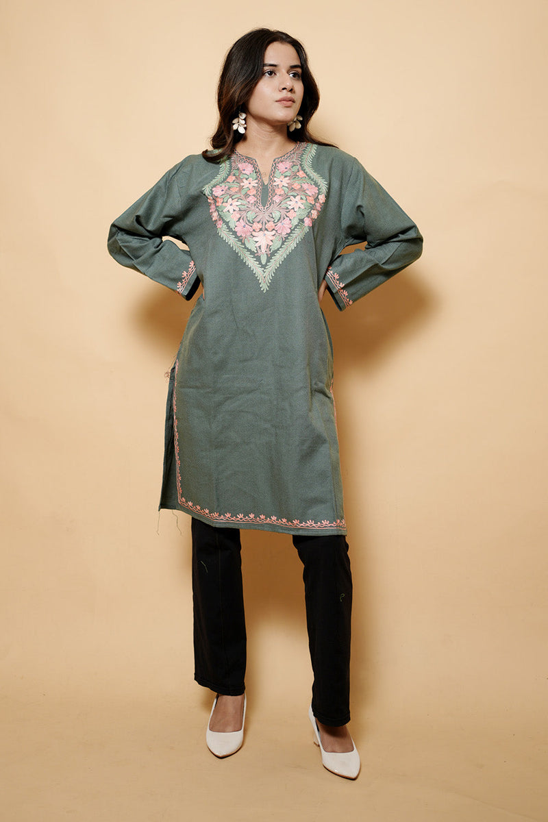 Grey Colour Kashmiri Aari Work Kurti CraftKashmir