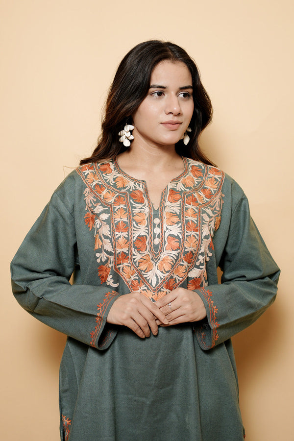 Grey Colour Kashmiri Aari Work Kurti CraftKashmir