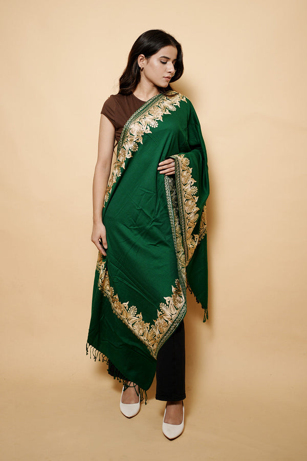 Bottle Green Colour Pure Wool Tilla  Embroidary Stole CraftKashmir